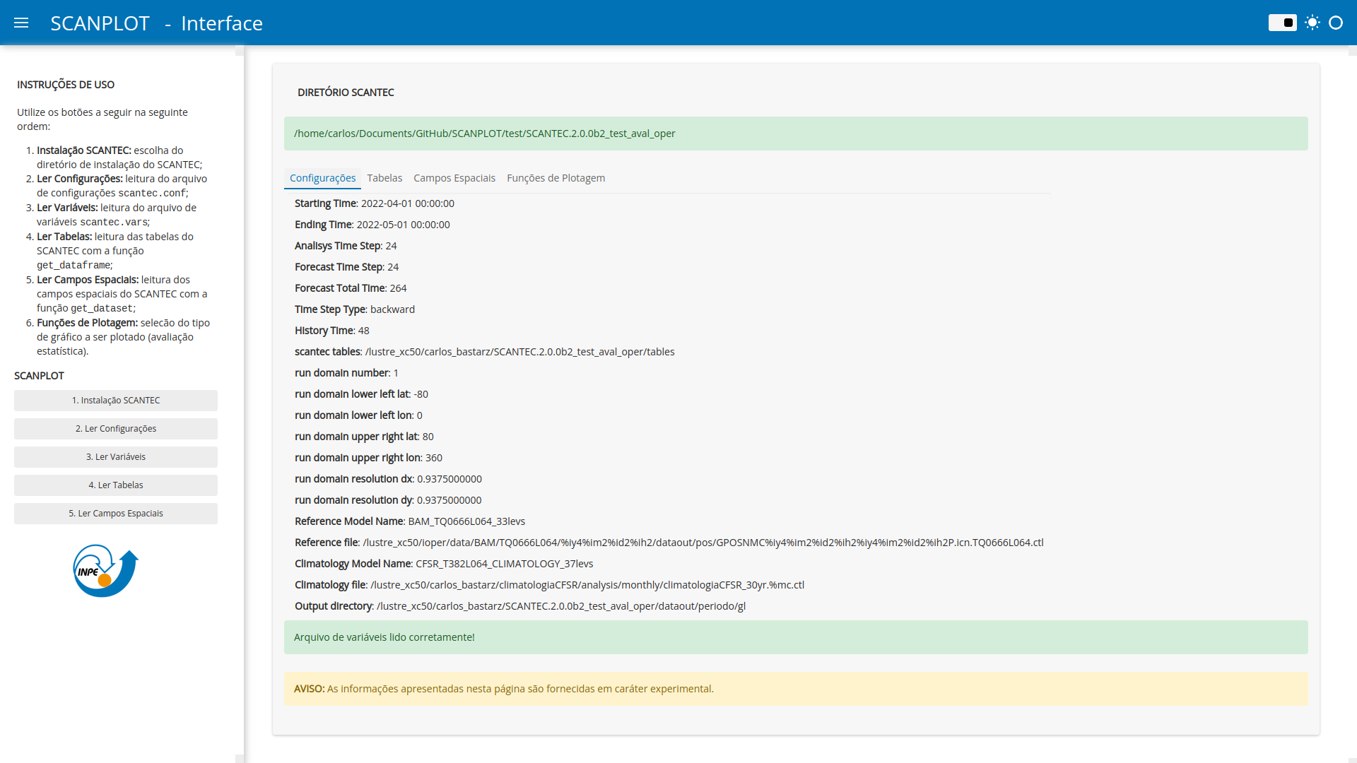 Interface SCANPLOT - Configurações do SCANTEC