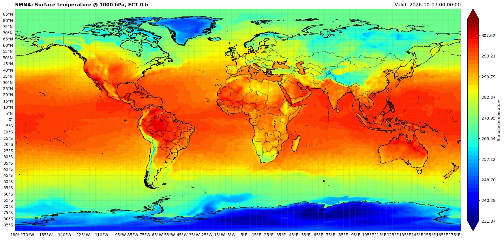 Análise de temperatura à superfície do SMNA, 07/10/2026 · 00 UTC
